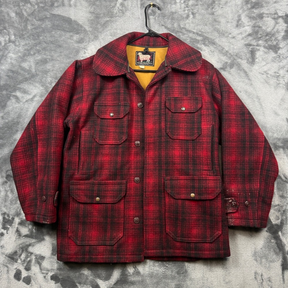 Woolrich Hunting Coat Mens 40 Red Black Buffalo Plaid Wool Jacket Vintage 503